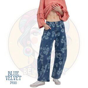 P010 BLUE VELVET Flower Print Dark Denim Relaxed Barrel Fit Jeans
